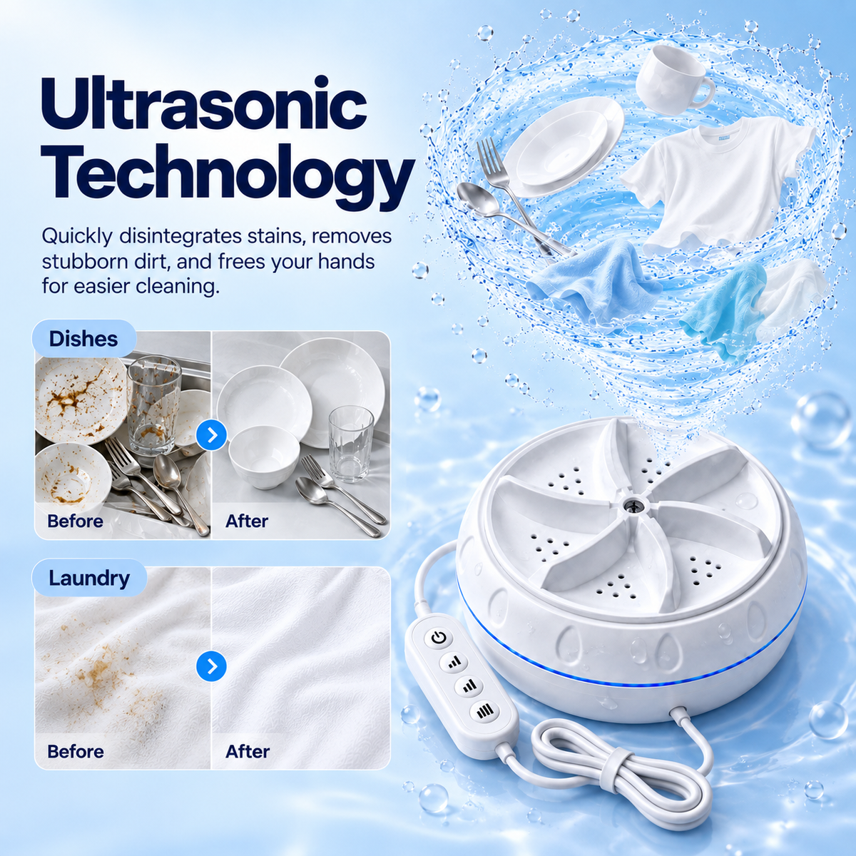 WashBuddy Turbo™ Portable Ultrasonic Washer for Dishes & Laundry